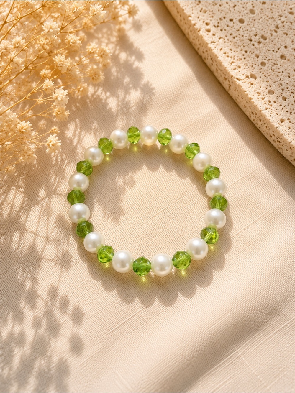 Pearl & Green Crystal Stretch Bracelet - Women Jewelry